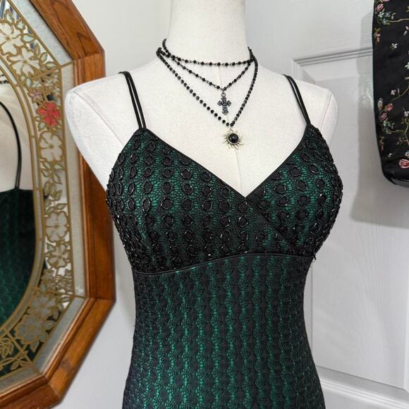 VTG Y2K Cache Dark Green & Black Mesh Crochet Beaded Formal Maxi Dress 2/XS - Picture 2 of 7